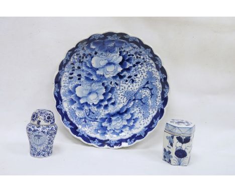 Japanese blue and white charger with floral decoration, ring mark to base, a hexagonal-shaped caddy and a further blue and wh