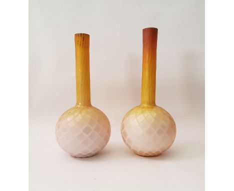 Pair of Victorian Stourbridge Thomas Webb satin glass vases with pink opalescent body to yellow neck and raised diamond effec
