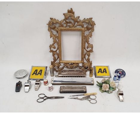 Koch harmonica, Serenade harmonica, sundry whistles, gilt metal rococo style small picture frame, sundry AA badges and other 