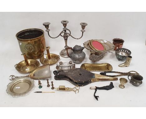 Collection of EPNS, brass and metalware, 19th century and later including a cut glass salt and pepper shaker on EPNS stand, a