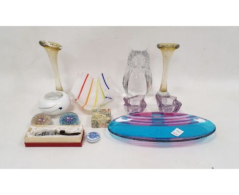 Collection of coloured glassware, 20th century, including a press-moulded clear glass model of an owl, 22cm high, a Glasform 