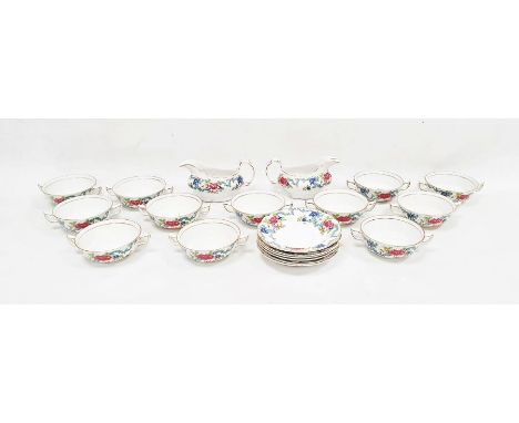 Booths 'Floradora' pattern part dinner service, printed and painted with chinoiserie flower sprays and turquoise scrolls, com