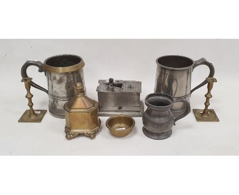 Victorian pewter quart mug with inscription, another with brass lip, old pewter inkwell with pounce pot, old brass tea caddy 