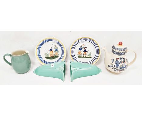 Pair of Dartmouth pottery Art Deco celadon glazed wall pockets, 21cm high, a pair of Quimper faience plates, a Denby stonewar