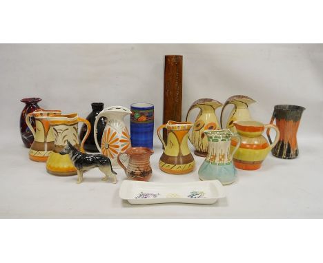 Large collection of Art Deco and Studio pottery including a collection of Myott, Son &amp; Co. jugs in sizes painted in orang