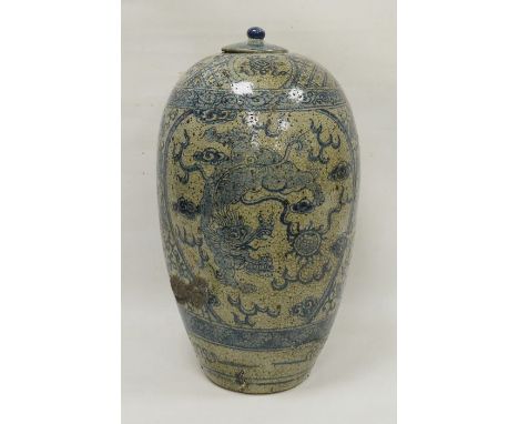 Large Chinese porcelain blue and white oviform vase and cover, late 19th/20th century, painted with dragons chasing flaming p