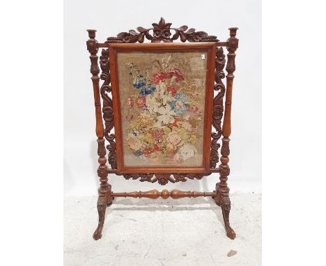 19th century needlework firescreen with carved and turned walnut frame and floral spray needlework, 77cm x 116cm