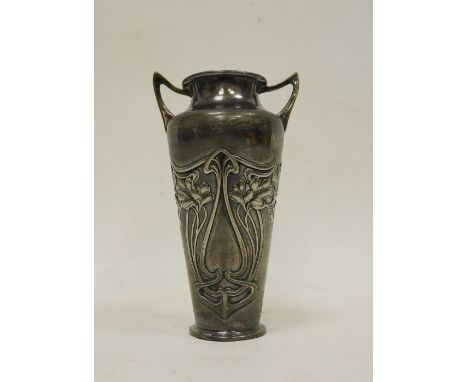 WMF Art Nouveau two-handled vase, shouldered and tapering, embossed sinuous floral sprays stamped (B WM ox) to base, 14cm hig