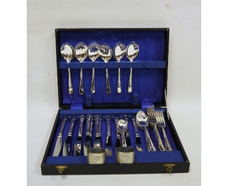 Silver napkin rings, rounded oblong, engine turned and a boxed service of EPNS table flatware having reeded edge to the shape