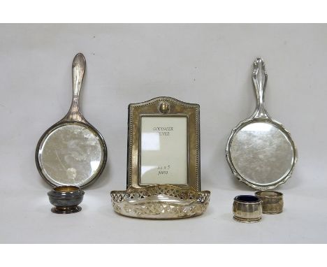 Two silver mounted hand mirrors, silver napkin ring, silver salts and a small quantity of plated ware&nbsp;