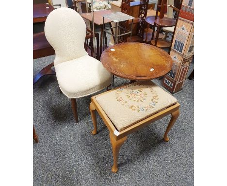 20th century mahogany occasional tripod table, dressing table stool, upholstered chair, standard lamp, jardiniere stand (5)
