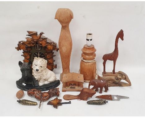 Old wooden-handled corkscrew, a quantity of various wood carvings, an Acctim cuckoo clock, an oak and glazed smoker's cabinet