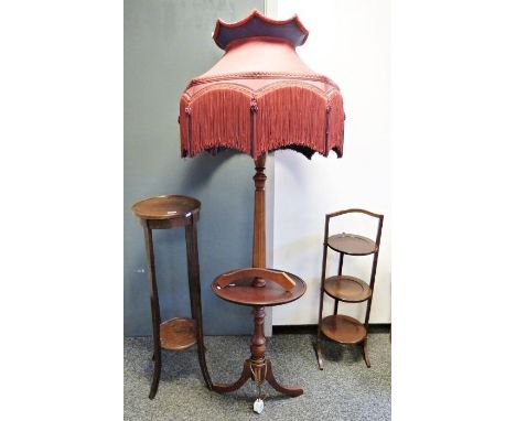 20th century folding cakestand, an oak two-tier circular jardiniere stand and a standard lamp and a yew side table  (4)Condit
