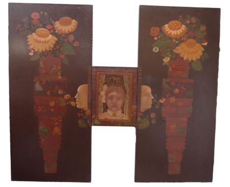 Esther Warkov (b1941) CanadianOil on canvas in three segments"Sparking Flower Plug", centred by female portrait and flanked b