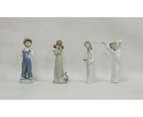 Four Lladro figures, printed impress marks, comprising: boy standing wearing dungarees beside an accordion, a girl holding a 