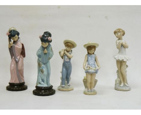 Four Lladro figures and a Nao figure, 20th century, printed marks, comprising two figures of Chinese girls in long robes, a f