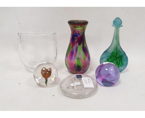 Collection of Art glass including an Orrefors engraved compressed vase, etched marks, engraved with a girl and flower sprays,