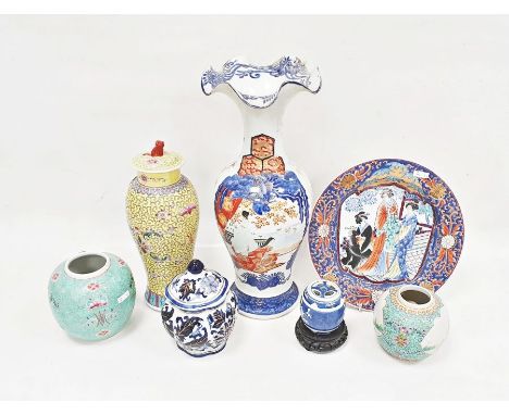 Collection of Asian porcelain comprising a 20th century Japanese oviform vase printed and painted with figures before terraci