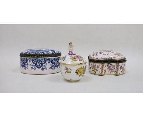 Anjou faience quatrefoil metal-mounted snuff box and cover painted with a shield-shaped coat of arms and flower sprays, a Dut