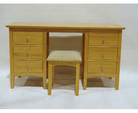 20th century light wood kneehole dressing table (136x44x77cm) and stool, together with a pair of similar bedside chests of tw