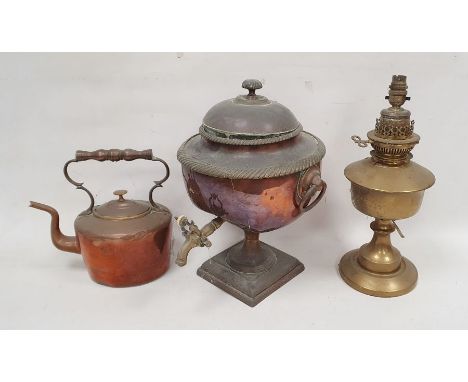 Antique copper samovar with brass mounts, old copper kettle and a brass oil lamp (3)