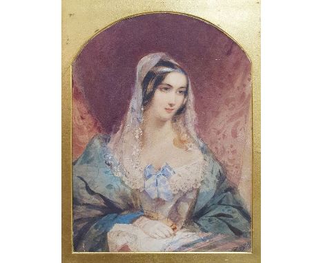 19th century schoolWatercolourHalf-length portrait, figure in blue dress, indistinctly initialled lower right, arched top, 21