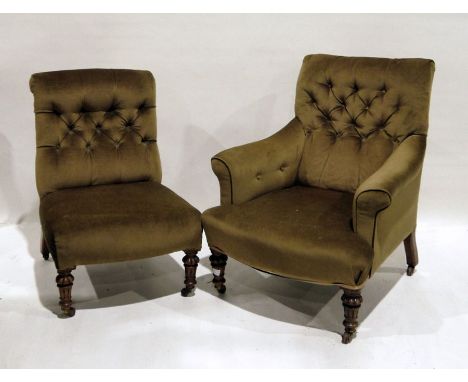 Two late Victorian chairs with button back, one with arms, on turned and carved front legs to brown china castors (2) 