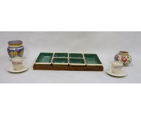 Susie Cooper part supper set  comprising six compartmentalised trays on a wooden tray, 45cm long and other items, circa 1950 