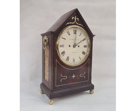 Circa 1800 bracket clock by Robert Roskell & Son, the mahogany triangular top with moulded edge, with central brass inlay, th