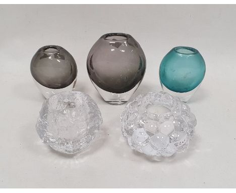 Collection of Art glass, mid-century and later, including three Sommerson compressed oviform vases, two in a smoke tint and a