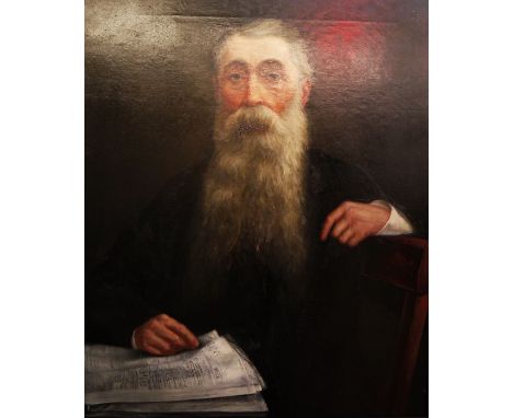 Early 20th centuryOil on canvasThree-quarter length portrait of a bearded gentleman sitting on a chair holding a newspaper, i