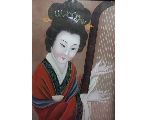 20th century Chinese school Reverse glass paintingFigure with harp 47.5 x 33.5 cm