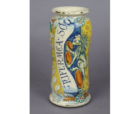 A vintage Italian polychrome decorated terracotta albarello, 30.5cm high. 