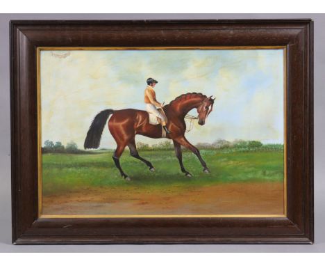 A decorative oleograph of a racehorse after J.F. Herring, in wooden frame, 52cm x 70.5cm.