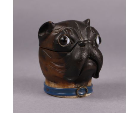 A late 19th/early 20th century French carved fruitwood inkwell in the form of a bulldog inset glass eyes &amp; with hinged co
