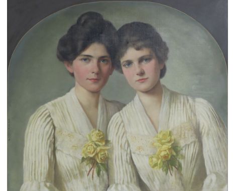 LOUISE CODECASA (1856-1927) A portrait of two sisters, each wearing a white blouse with yellow roses, signed &amp; dated 1901
