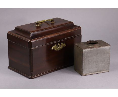 A George III mahogany tea caddy of rectangular form brass swan-neck handle &amp; shaped escutcheon, retaining central pewter 