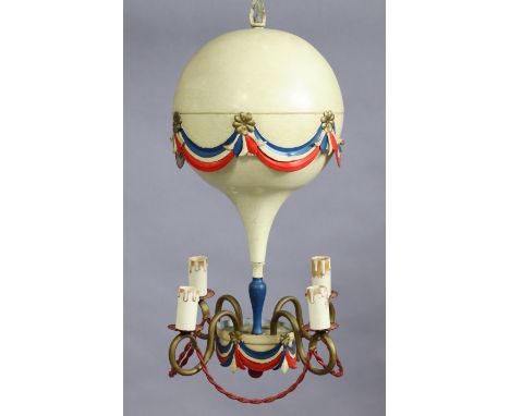 An early/mid-20th century French painted toleware ‘tricolor’ balloon-shaped pendant ceiling light with four scroll arms, 45cm