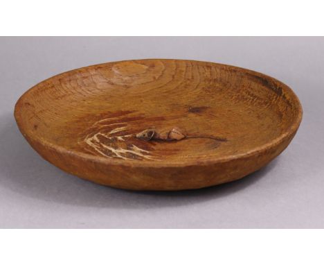 A Robert “Mouseman” Thompson oak shallow circular bowl with adzed surface &amp; carved mouse to the interior, 28.5cm dia. x 5