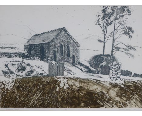 MICHAEL CARLO (b. 1945).  “Derelict Chapel”, coloured woodcut, signed &amp; dated ’72, inscribed &amp; numbered 4/25 in penci