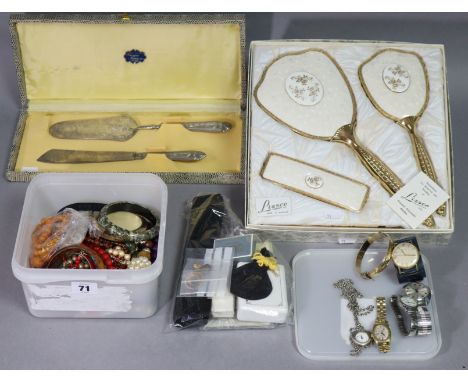 A 9ct. &amp; metal-core stiff hinged bangle; various wristwatches; a quantity of costume jewellery; &amp; a pair of servers i