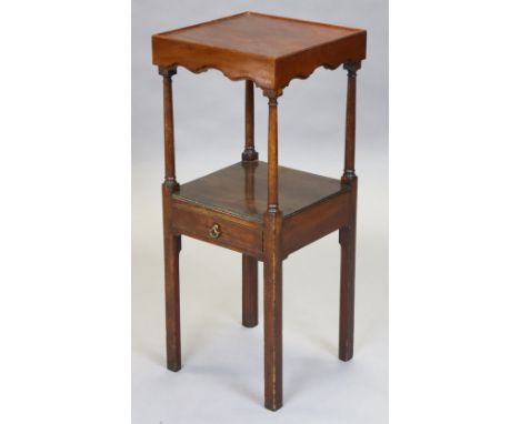 A Georgian mahogany square two-tier washstand, with shaped frieze, above a small drawer, on turned &amp; square supports, 32.