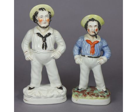 A mid/late 19th century Staffordshire pottery figure of a fat sailor, wearing straw hat with a pipe in his mouth, on oval bas