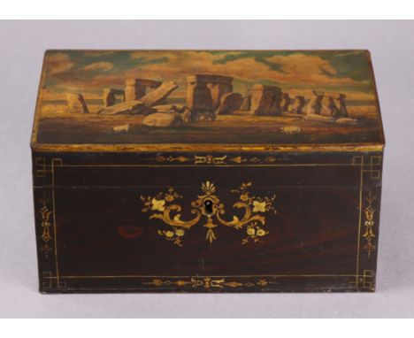 A rare 19th century painted toleware “Stonehenge” tea caddy, with polychrome decoration of sheep at Stonehenge to the hinged 
