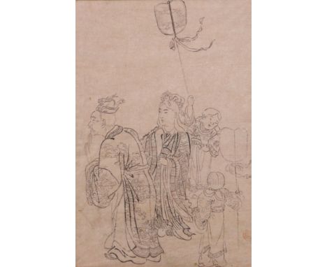 A Chinese ink drawing of a noble couple with children flying banners, with red seal lower right, 33.5cm x 22.5cm, framed &amp