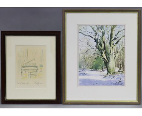 BRIAN ROBINSON (Contemporary) “Winter Sun”, Watercolour: 32.5cm x 24.5cm; &amp; PHIL JOHNS (20thC) “Grand Piano”, signed lith