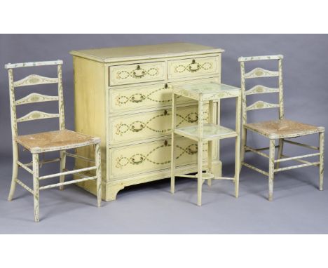 A Regency-style cream-painted part bedroom suite, comprising a chest of two short and three long graduated drawers with brass