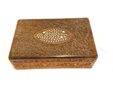 Vintage carved wooden, ivory inlaid box, approximate measurements: Length 12 inches, Height 3.5 inches, depth 8 inches