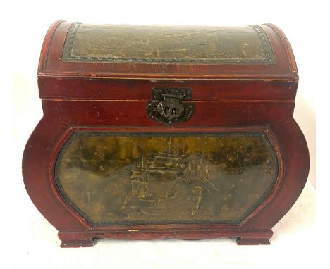 Vintage wooden and metal trunk, with a ships design on the front, measures approx 15" tall 20" wide 12" depth