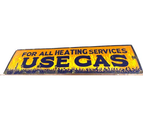 Large vintage enamel sign, For all heating Services use Gas, approximate measurements: Length 70 inches, Height 19 inches